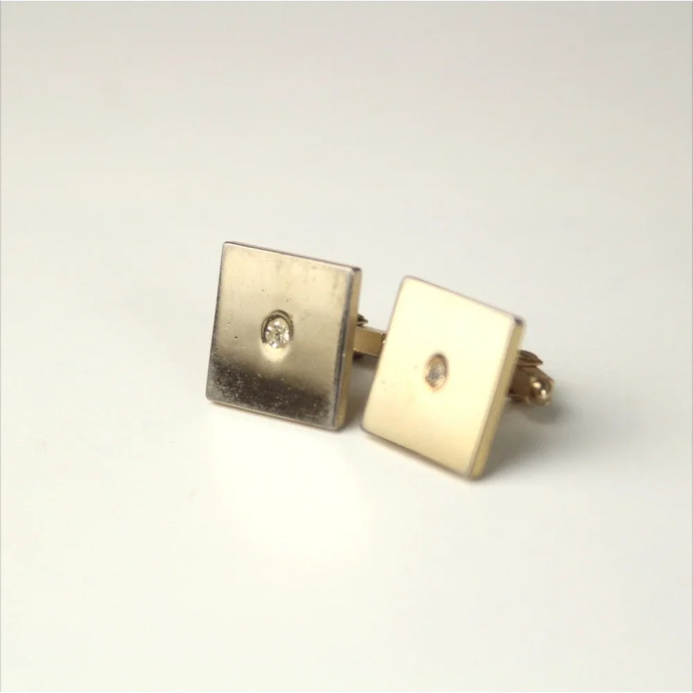 Mens Cufflinks Clear Rhinestone‎ Gold Tone Cufflinks Rectangle